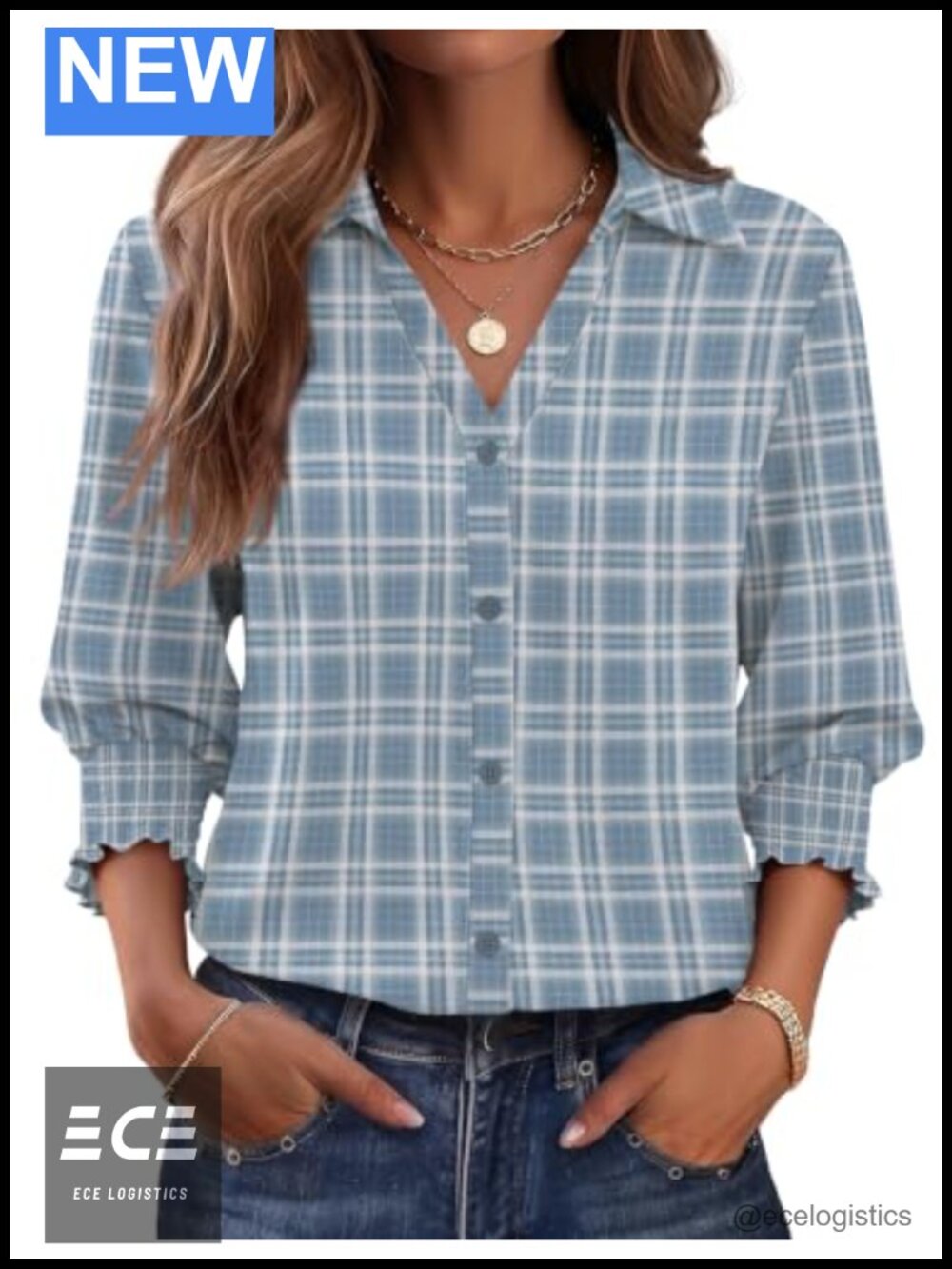 Women's Button Down Shirt 3/4 Sleeve V-Neck Blouse Plaid Casual